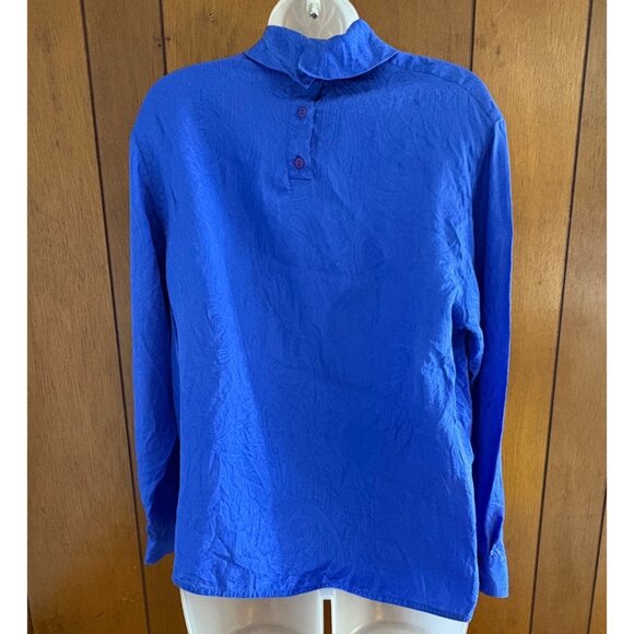 VTG Rafaella Blouse Womens Blue 12 Silk Button Back‎ High Neck Business Classic - Picture 3 of 9